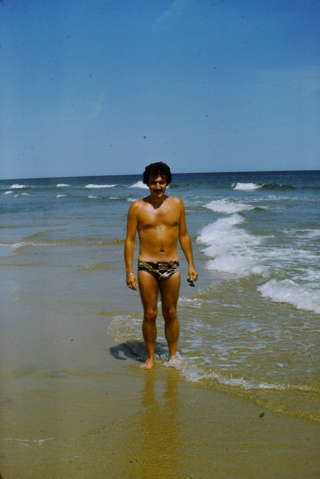 c1970's 35mm Slide, Person Beach Ocean Waves Shoreline Summer blue Horizon Sandy