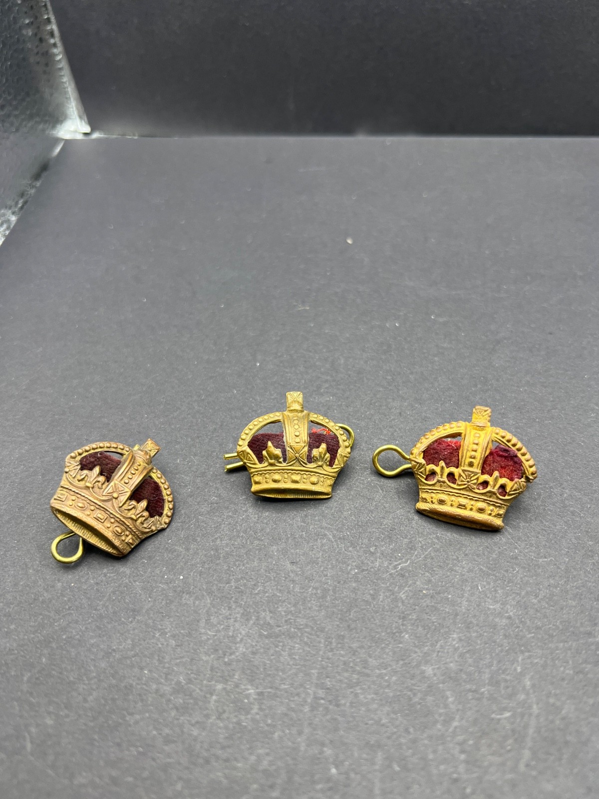 Vintage British Military Kings Crown Rank Badge Velvet Insignia Lot 3pc Pins
