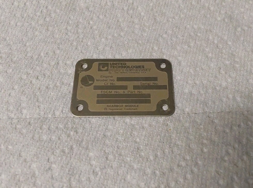 United Technologies Pratt & Whitney Blank Data Plate