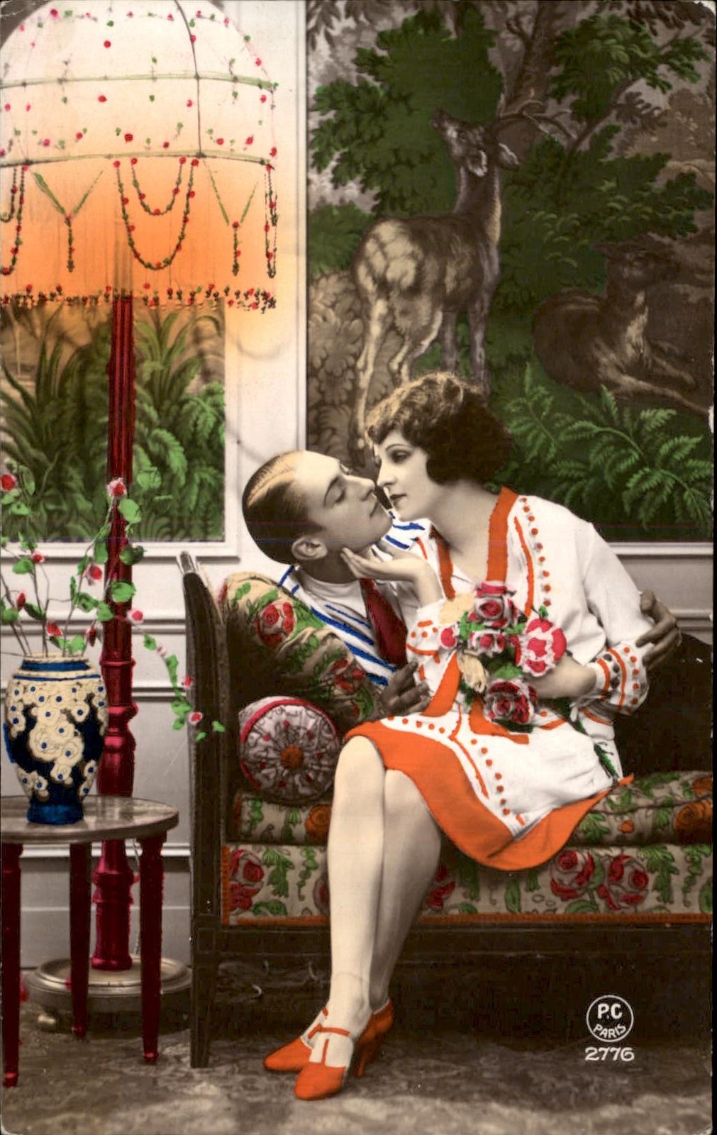 Art Deco kissing couple PC Paris c1920s-30s Real Photo Vintage Postcard