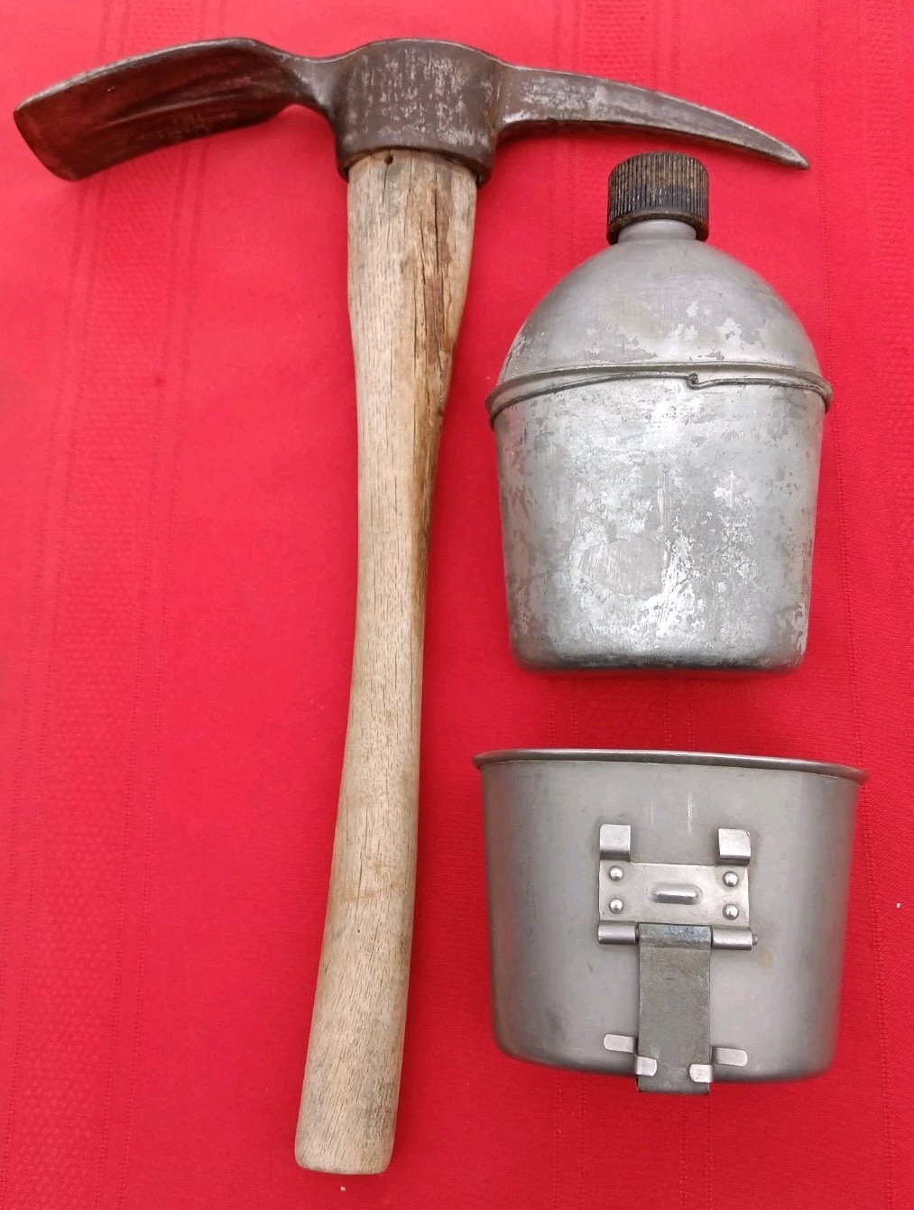 WWII US Diamond Calk 1945 Pickaxe +  1945 GP&F Canteen.  