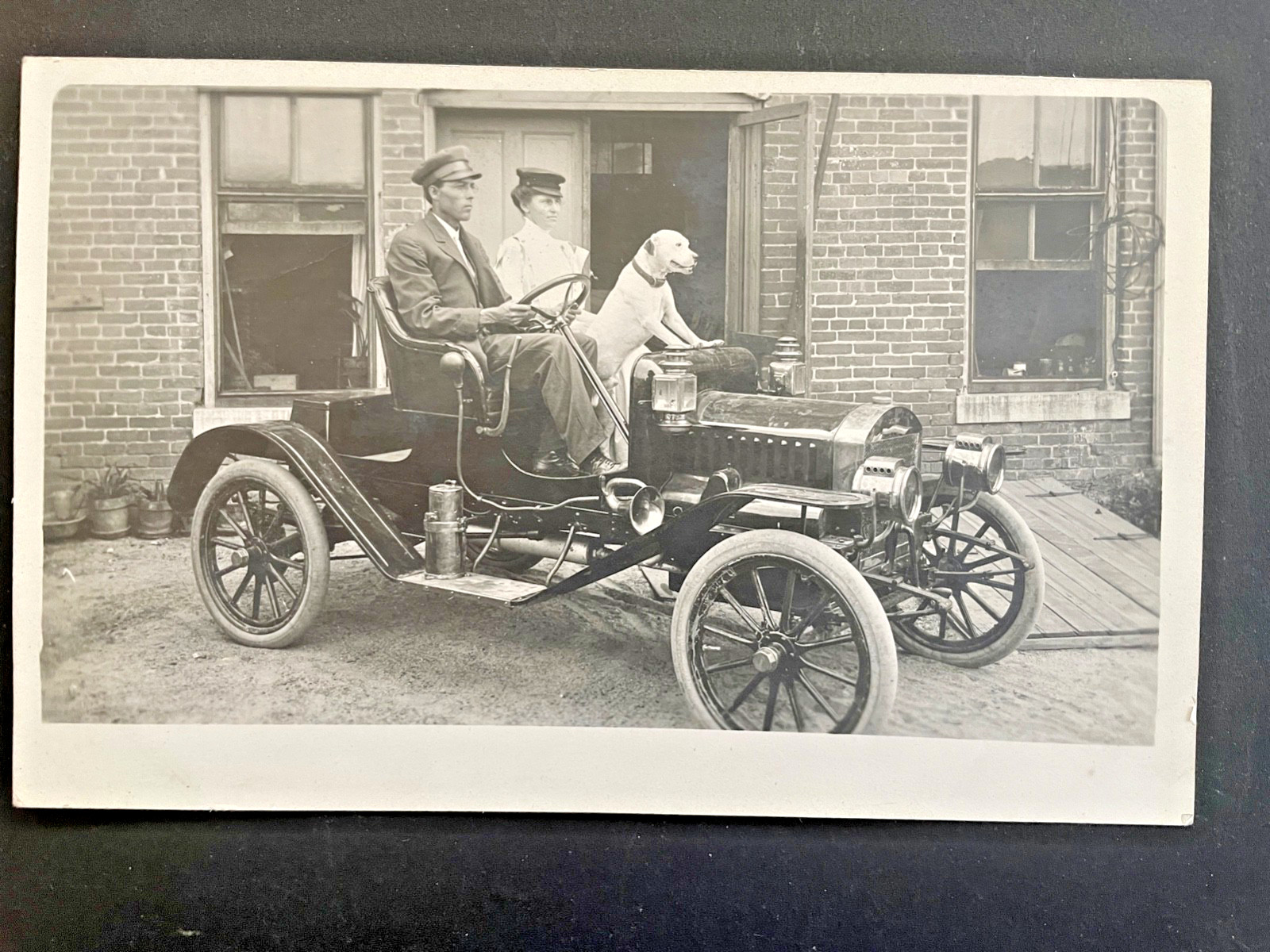 RPPC Beautiful Unknown Runabout Car c.1908? With White Pit Bull Original