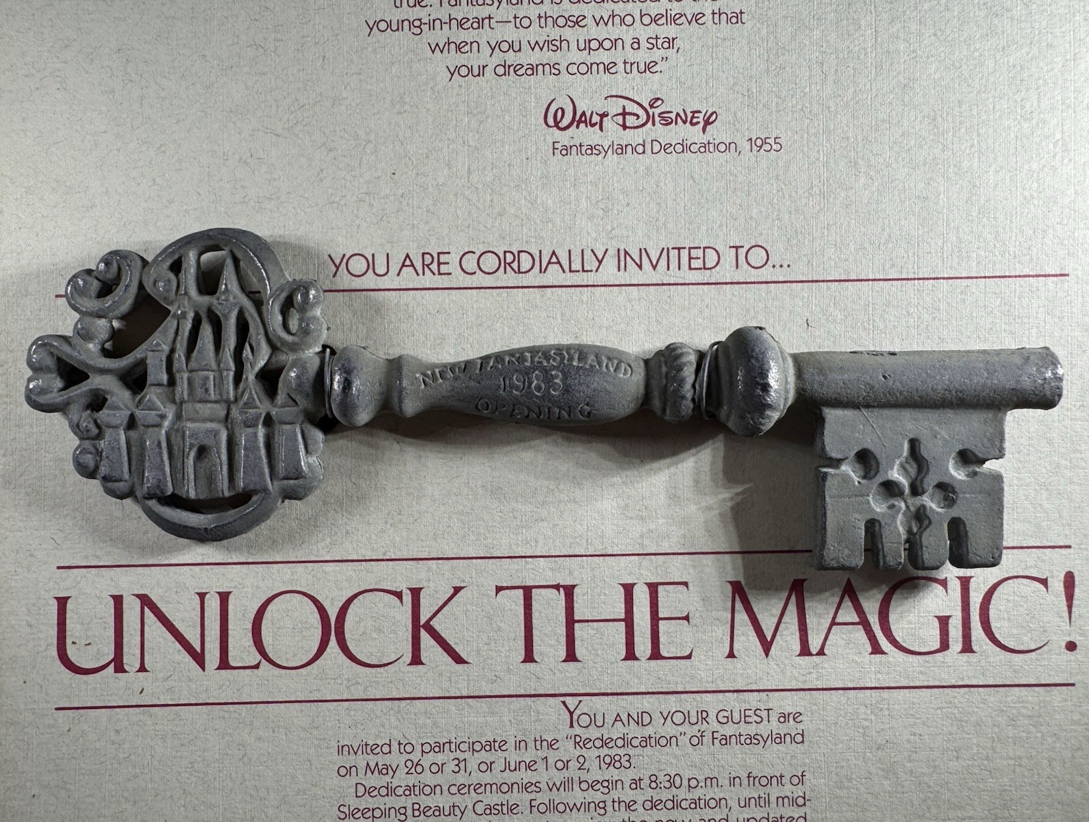 Vintage 1983 Disneyland New Fantasyland Cast Member Premiere Key & Envelope Set