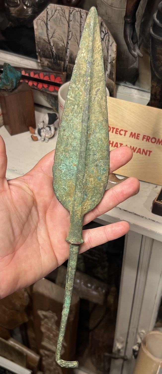 Ancient Greek Cypriot Bronze Leaf Shaped Blade Spear Head w/ Hooked Tang