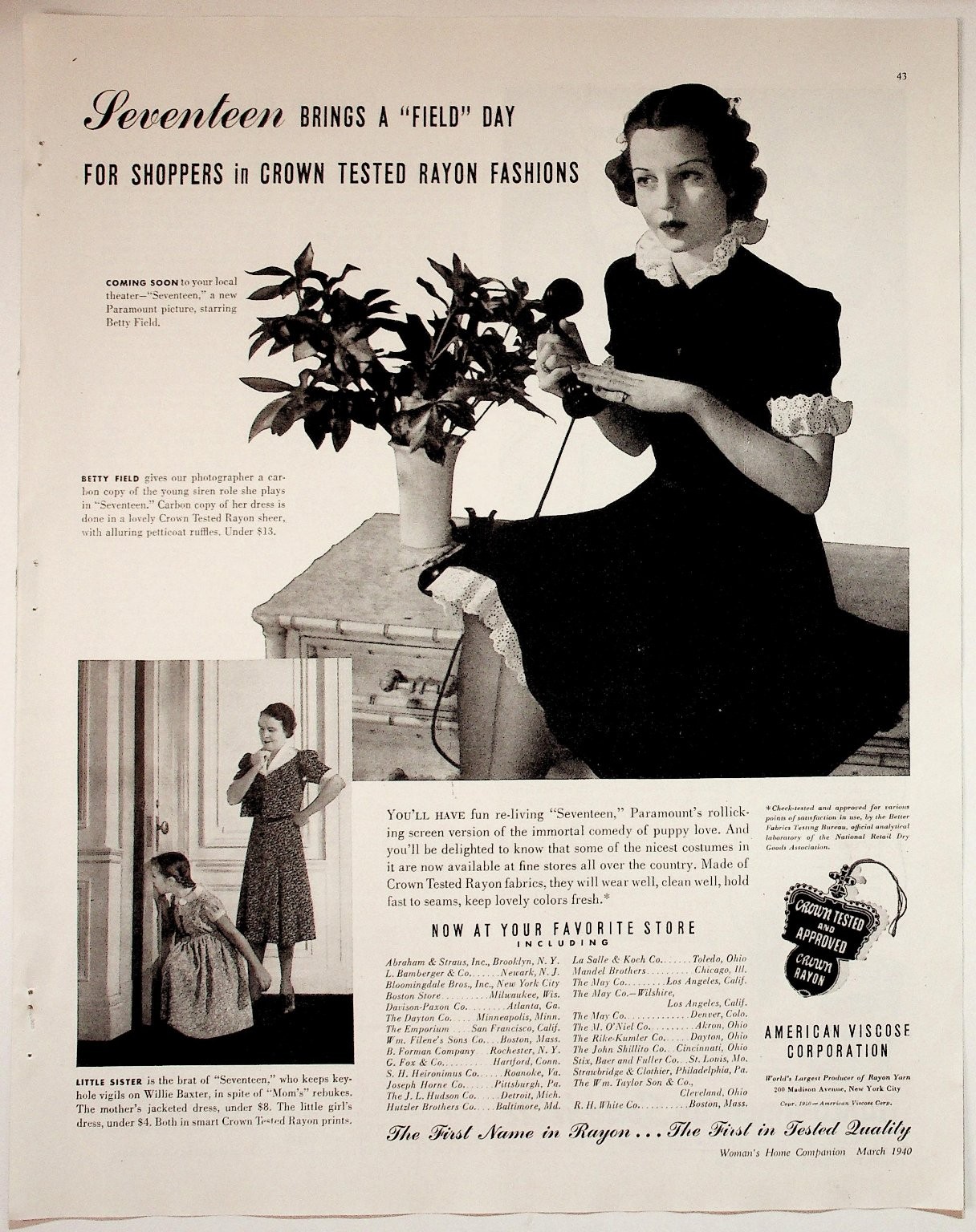 American Viscose Corp 1940 Crown Tested Rayon Fashion Print Ad