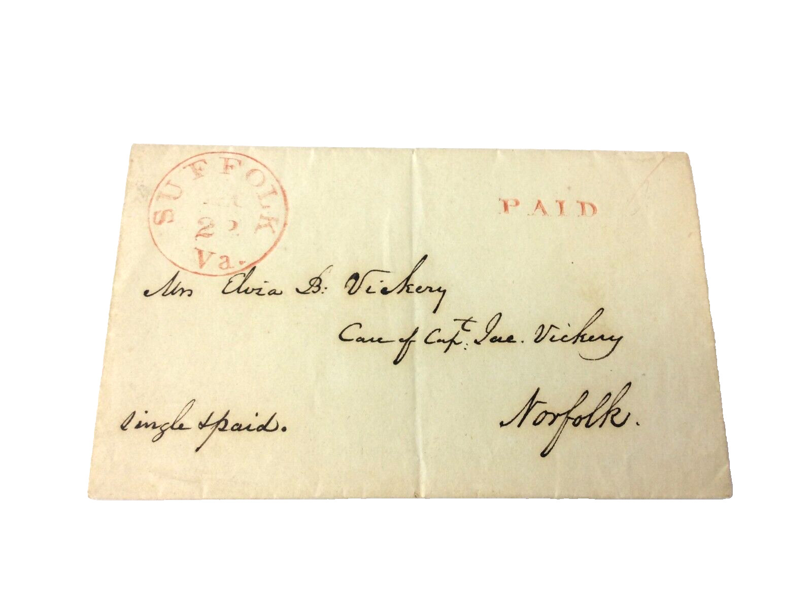 Antique Blank PAID Red Cancel Suffolk to Norfolk VA Letter Ephemera