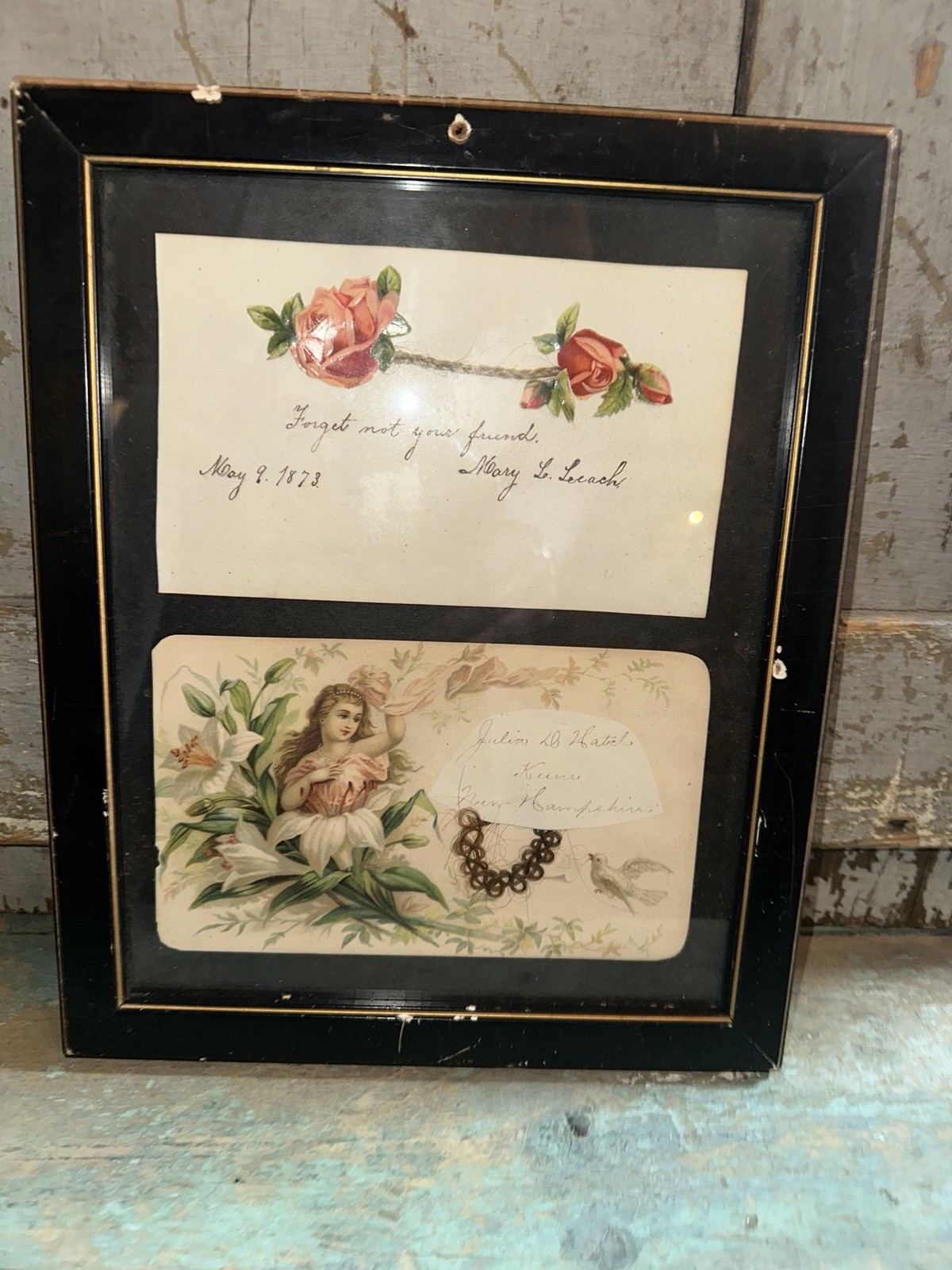 Antique Victorian Folk Art Framed Calling Card Hair Work Emphemera