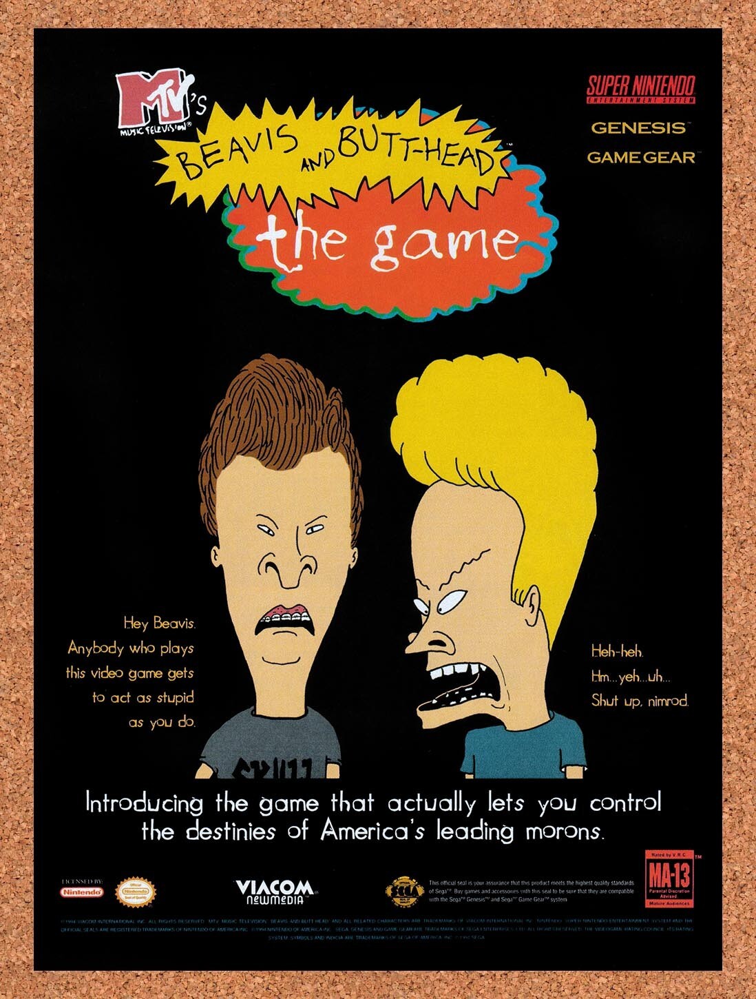 1994 Beavis & Butthead The Video Game SNES Original Ad / Retro Wall Art v5