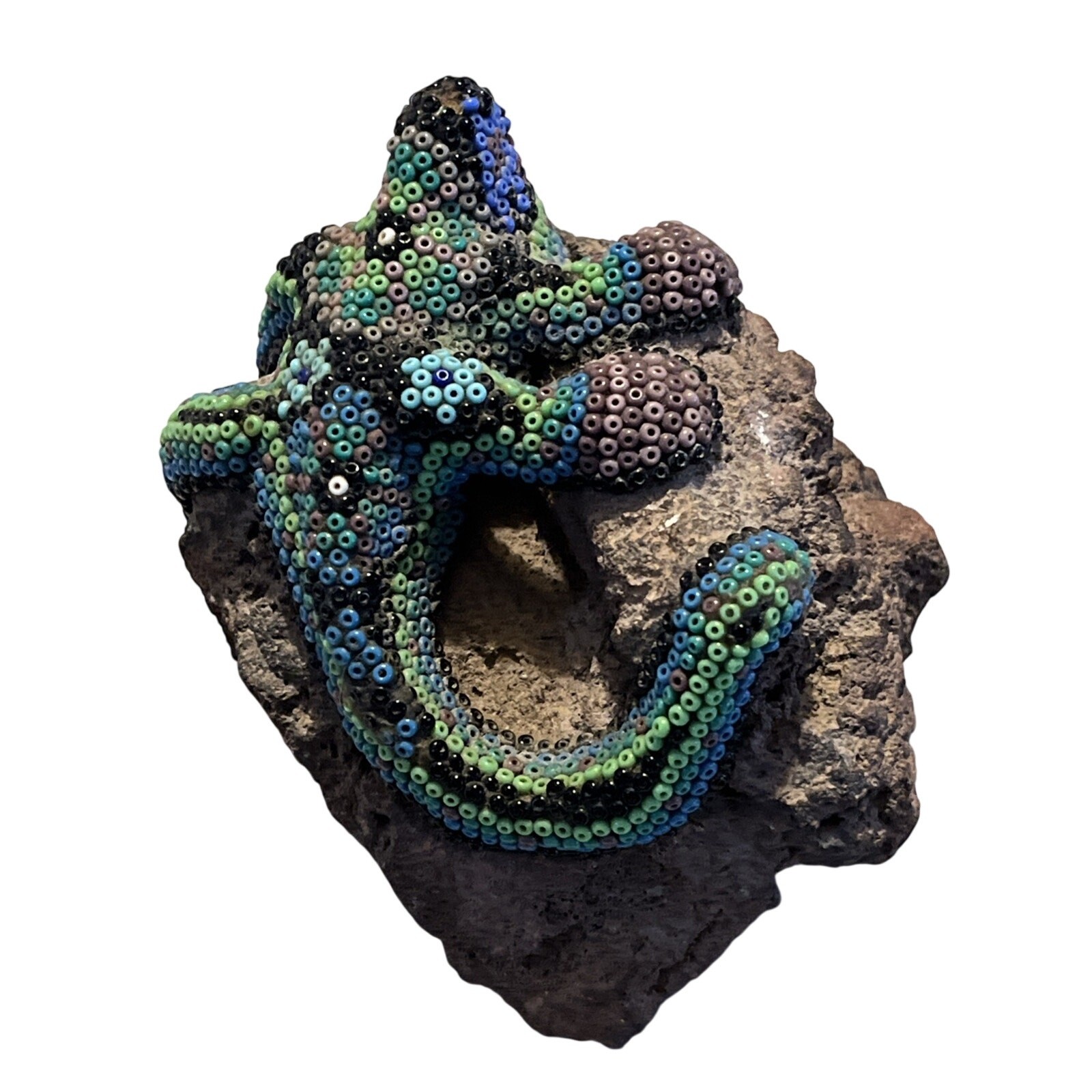 Huichol Art Brightly Colored Beaded Lizard Iguana on Rock Figurine
