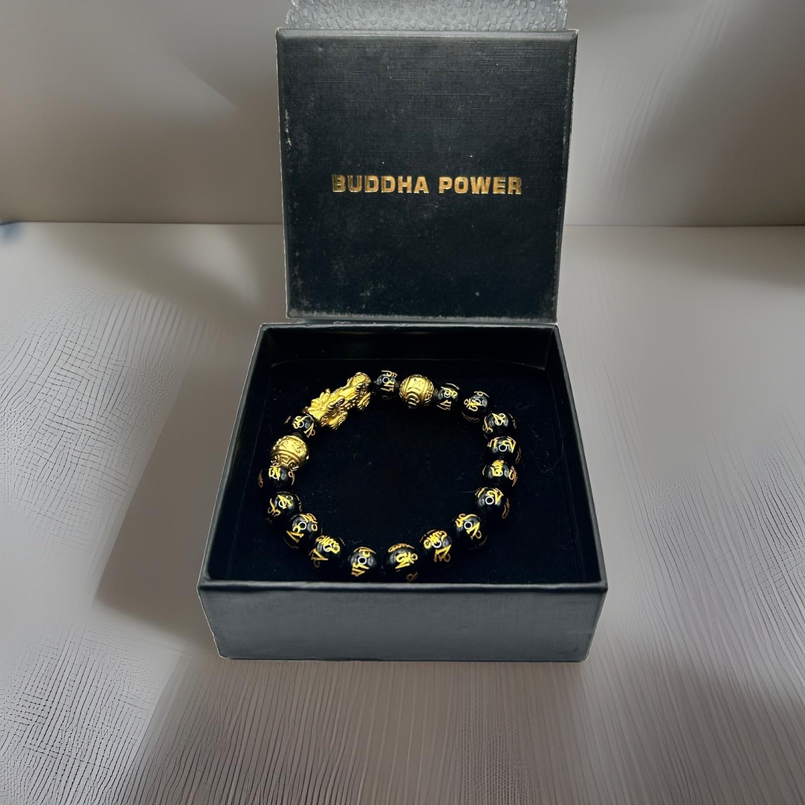 Buddha Power Feng Shui Black Obsidian Pixiu Wealth Bracelet Good Luck Mantra Box
