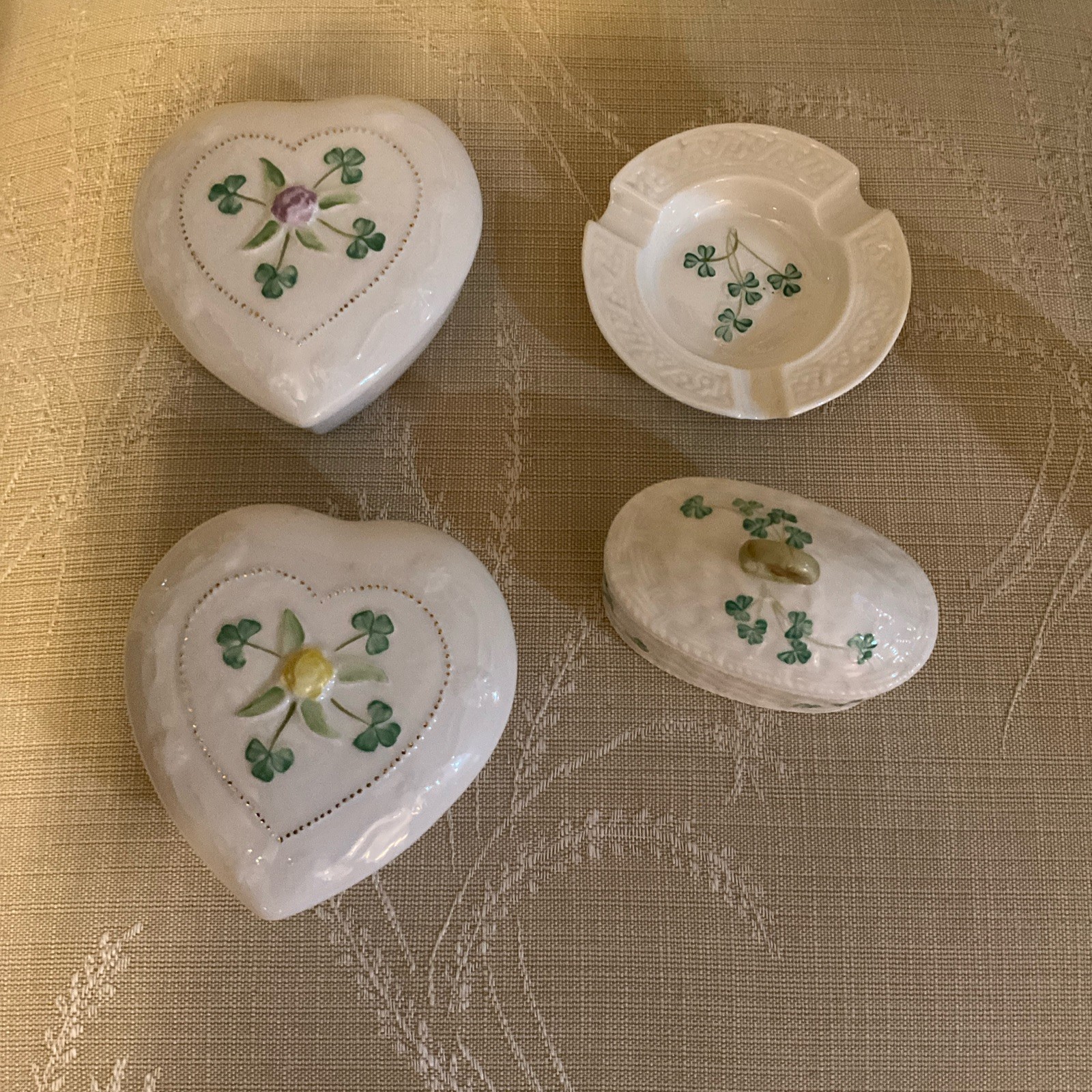 Lot of 4 Vintage Belleek Shamrock 2 Heart Boxes, Covered Basket Box, Ashtray