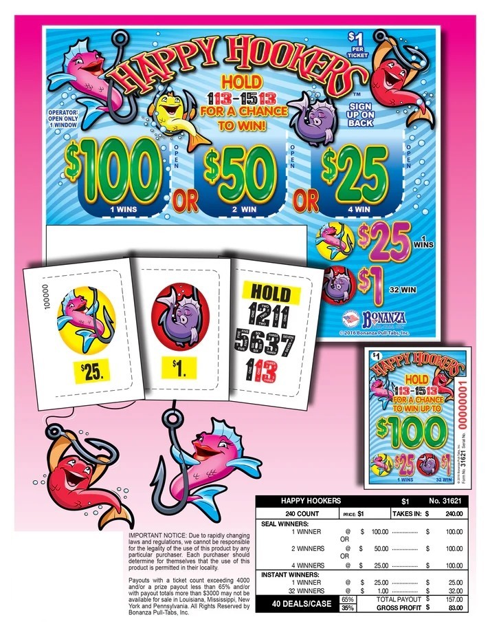 Pull Tab Tickets - Happy Hookers (5 pack) - Seal Game - 240 Count Per Deal