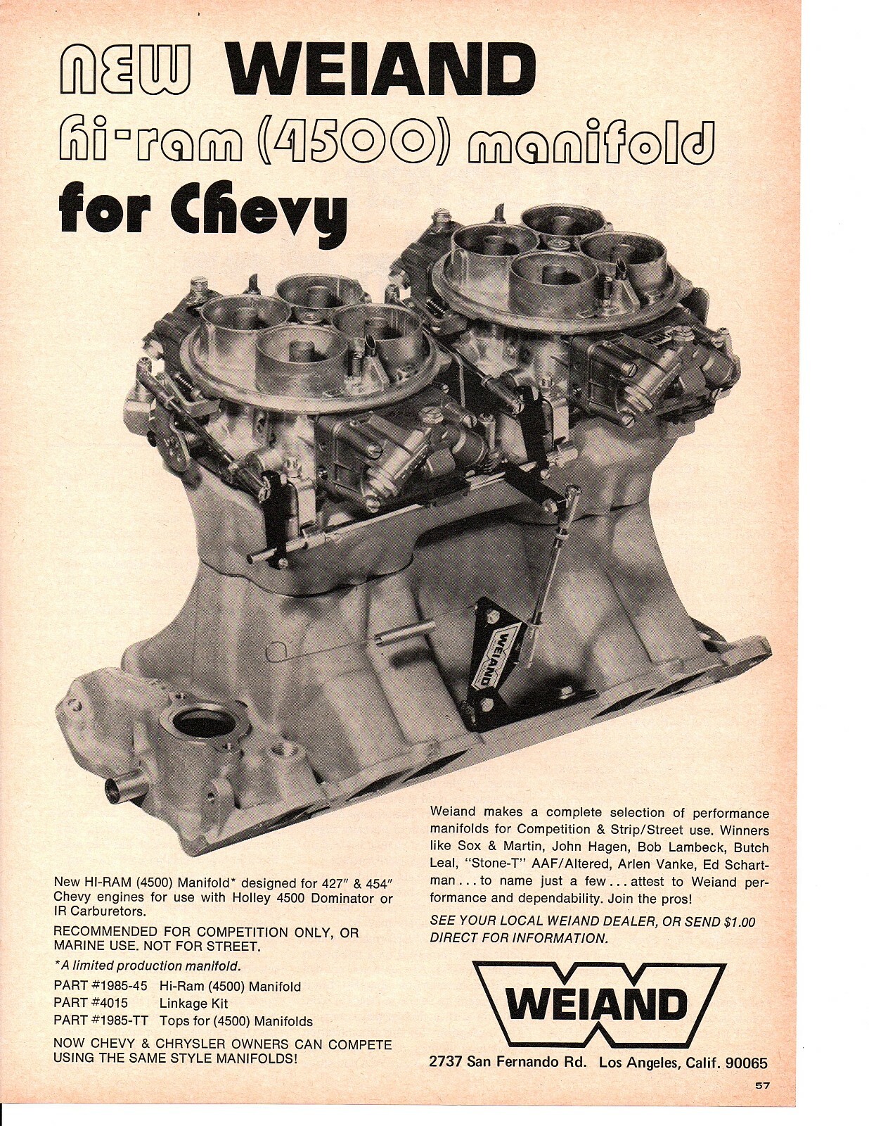 1971 WEIAND H-RAM (4500) INTAKE MANIFOLD FOR CHEVY 427 & 454 ~ ORIGINAL PRINT AD