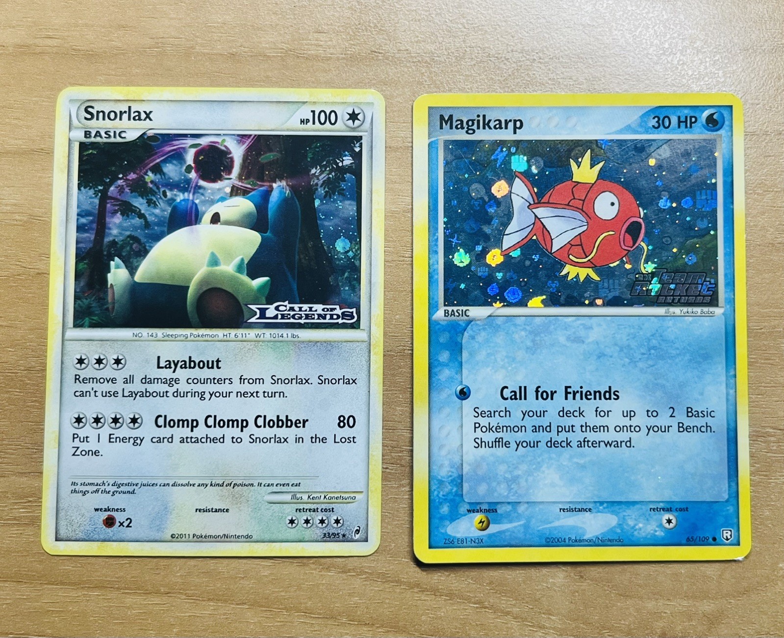 Snorlax Call of Legends 33/95 & Magikarp Ex Team Rocket Returns 65/109 - EXC/NM
