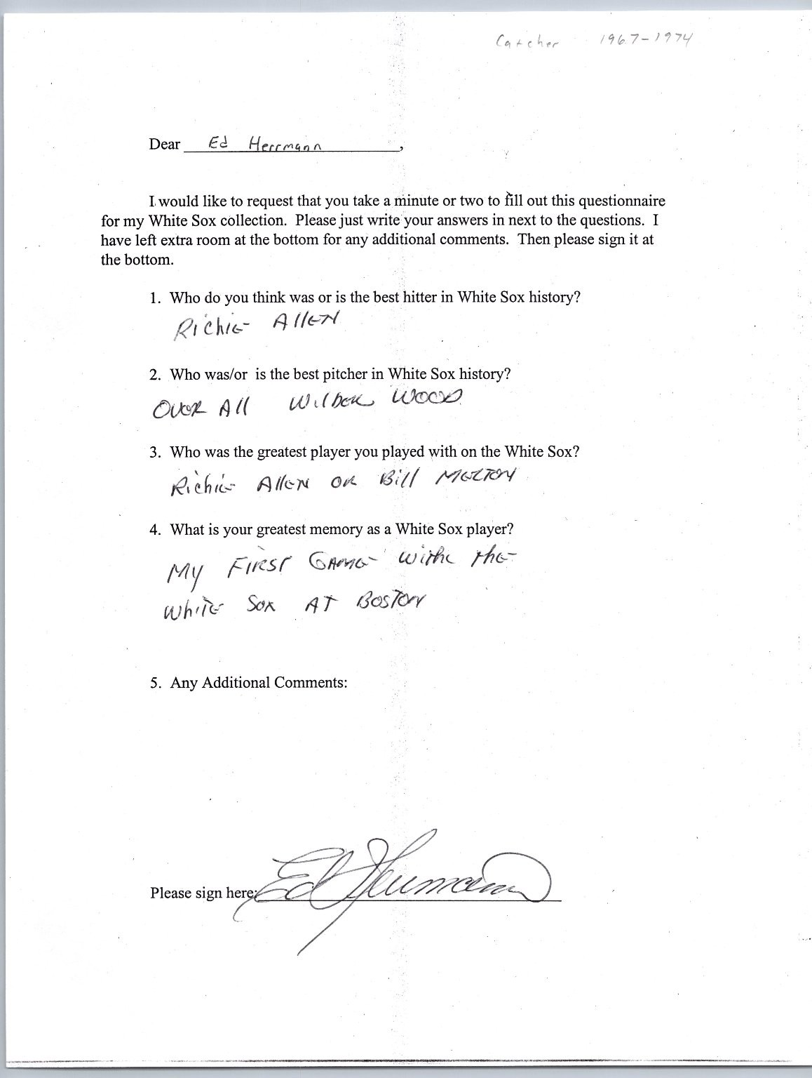 Ed Herrmann Autograph Signed White Sox Questionnaire Baseball Catcher 1967-1974