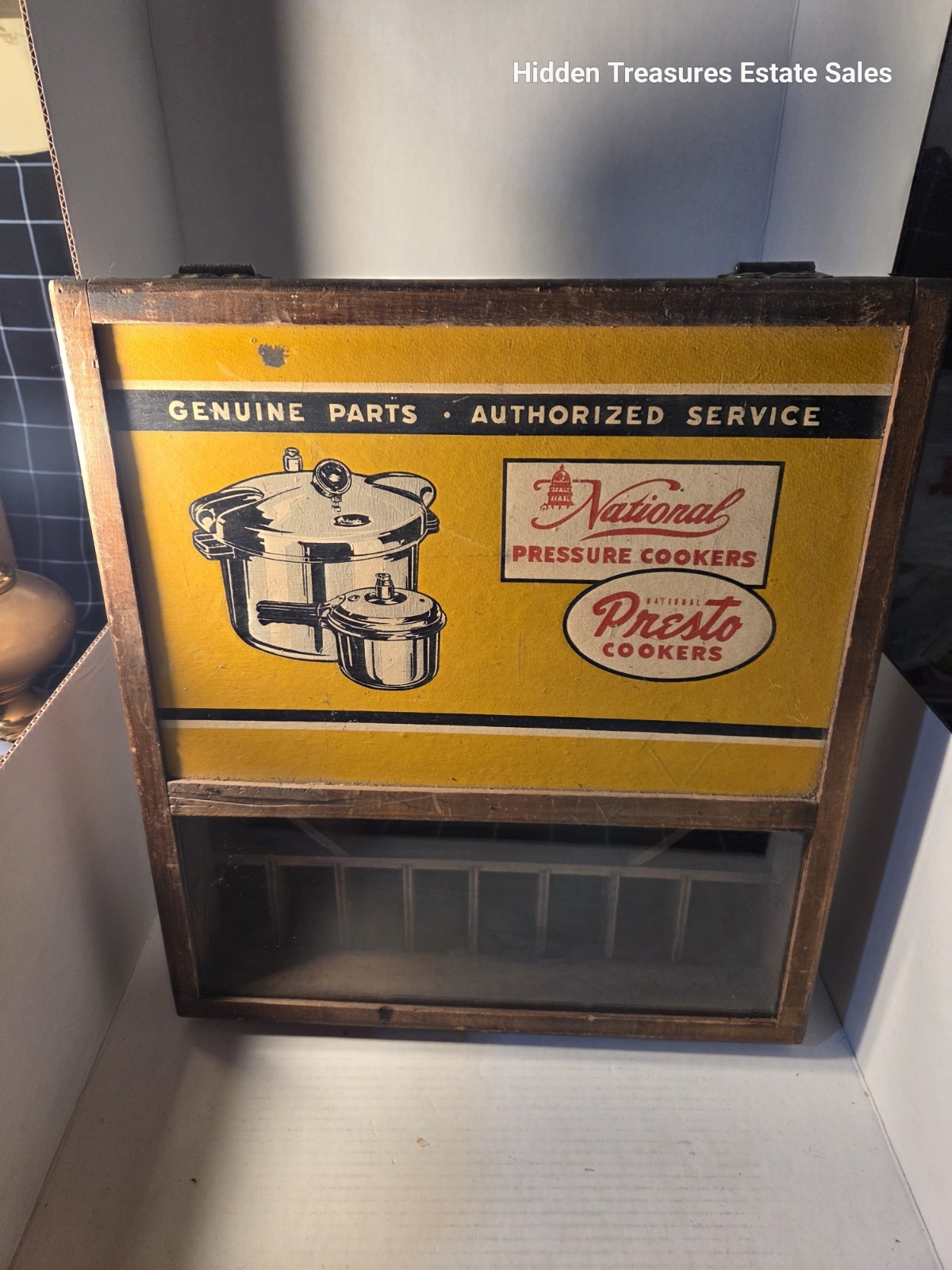 Vintage Wood 1947 - 1950 National Presto Pressure Cooker Parts Display Cabinet