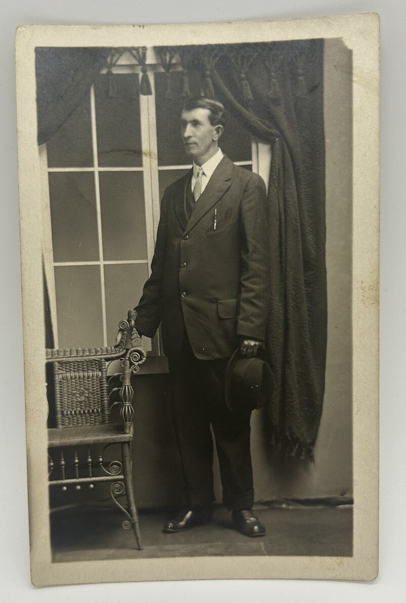 VTG B&W RPPC Handsome Man Three Piece Suit Hat Gloves Dapper Fashion Postcard