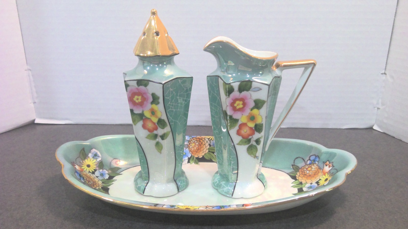 Art Deco Noritake Hand Painted Lusterware Berry Sugar Shaker & Cream Ewer - MINT
