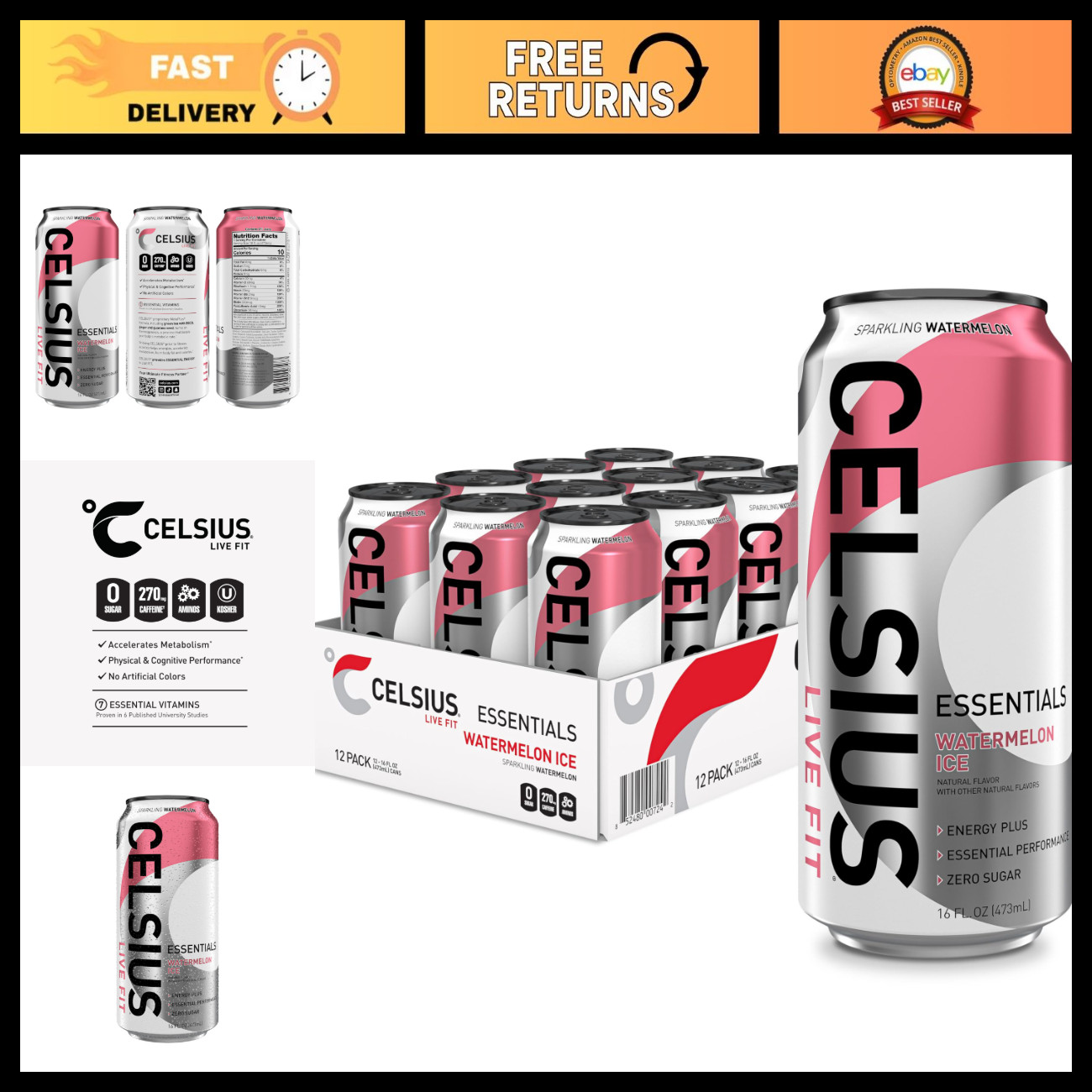 Sparkling Watermelon Ice Energy Drink, Sugar Free, 16 Fl Oz, Pack of 12, Perform