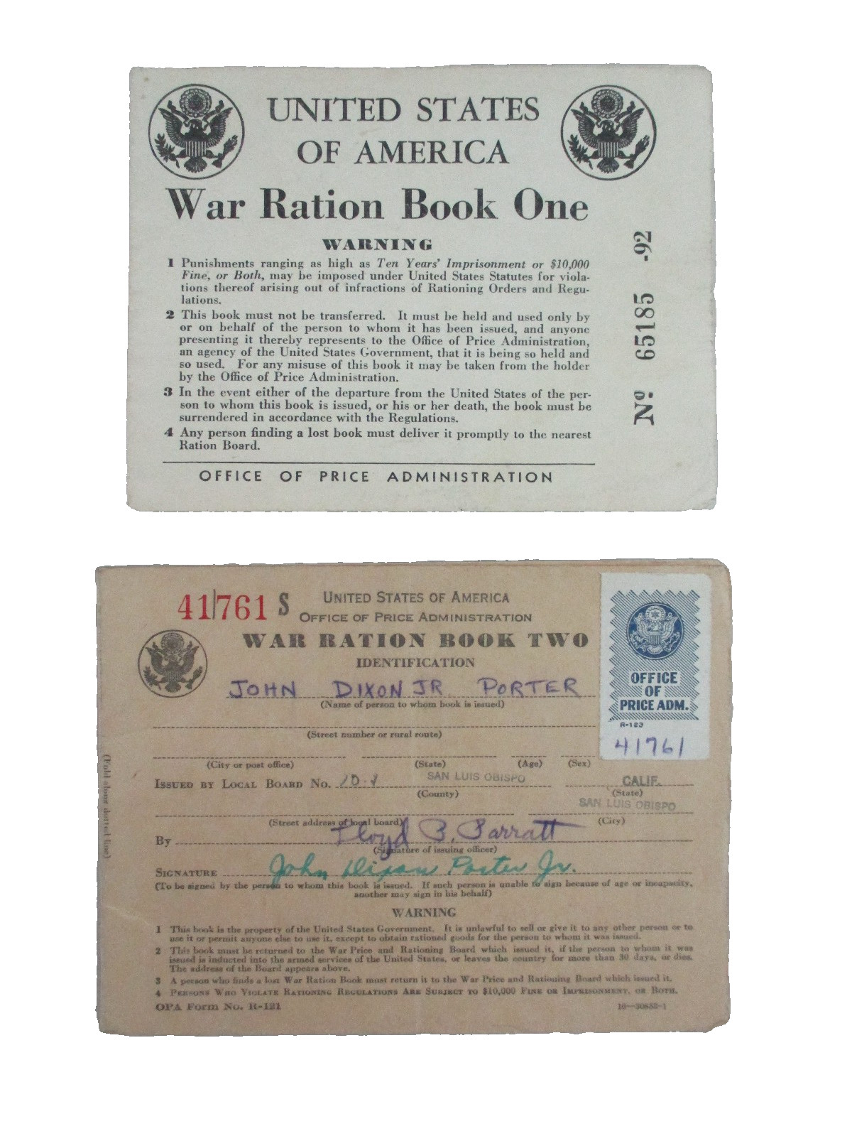 Vtg 1942 WWII USA War Ration Book One and Book Two (G)