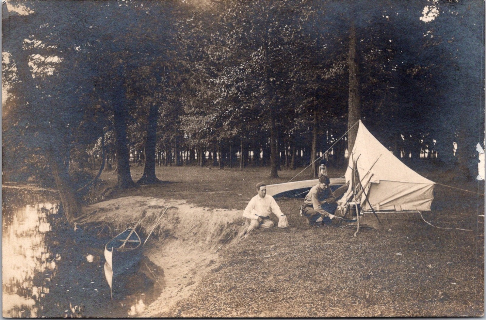 RPPC Real Photo Postcard Kalamazoo River Camera Camping Canoe Lantern Tent