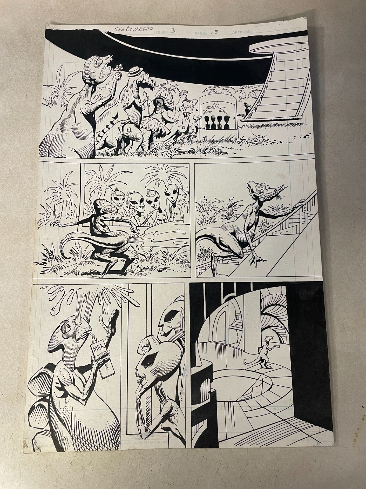 THE BAD EGGS #3 original comic art 1996 LAYTON dinosaurs amuse aliens VALIANT