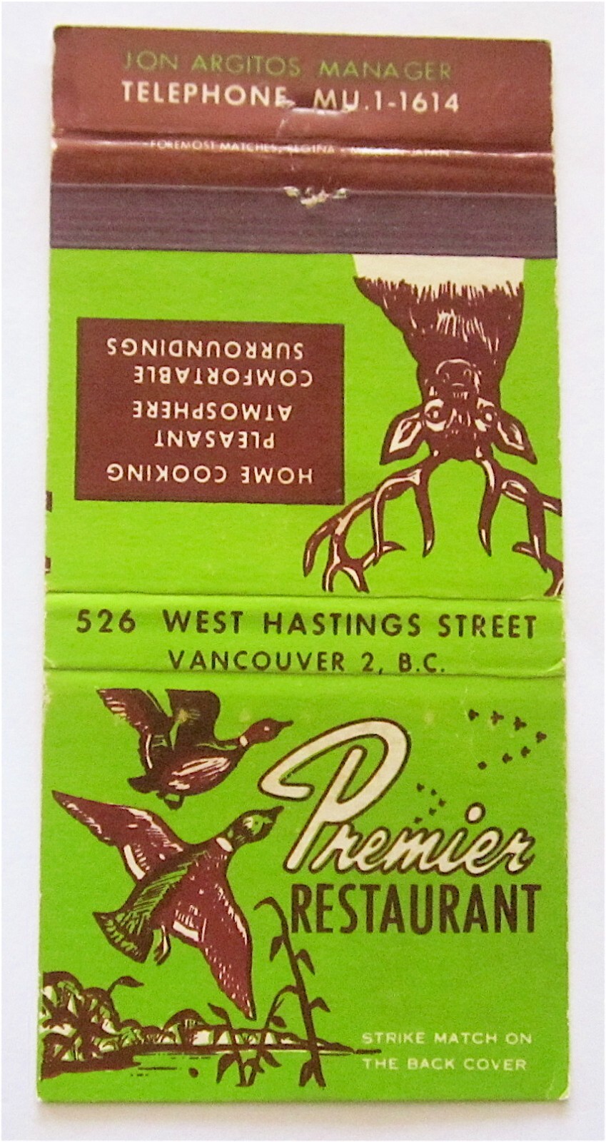 PREMIER RESTAURANT, JON ARGITOS MANAGER, VANCOUVER, B.C. MATCHBOOK COVER