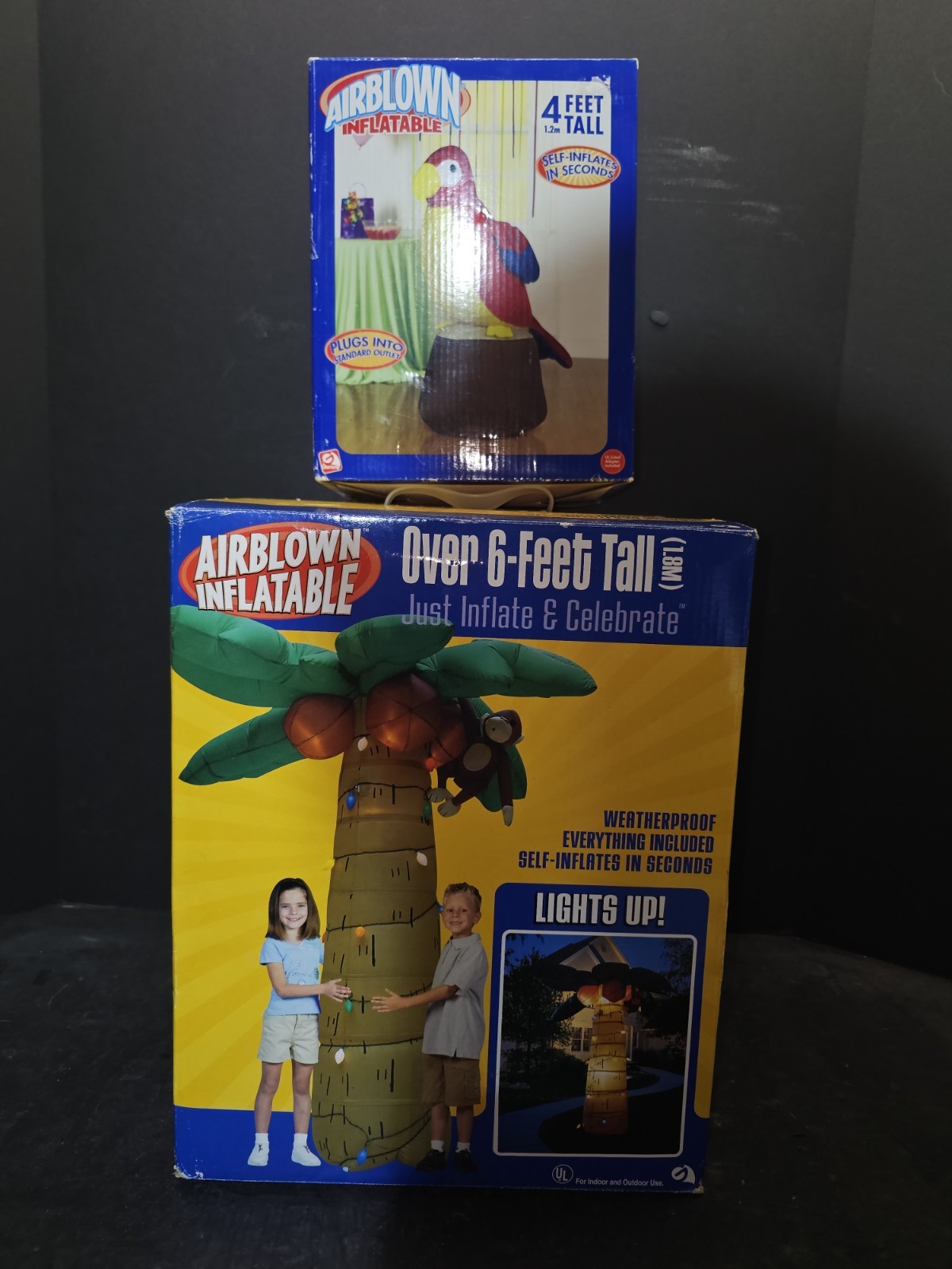 NWTs Vintage Gemmy 2004 6ft Palm Tree Monkey Lights & Parrot Airblown Inflatable