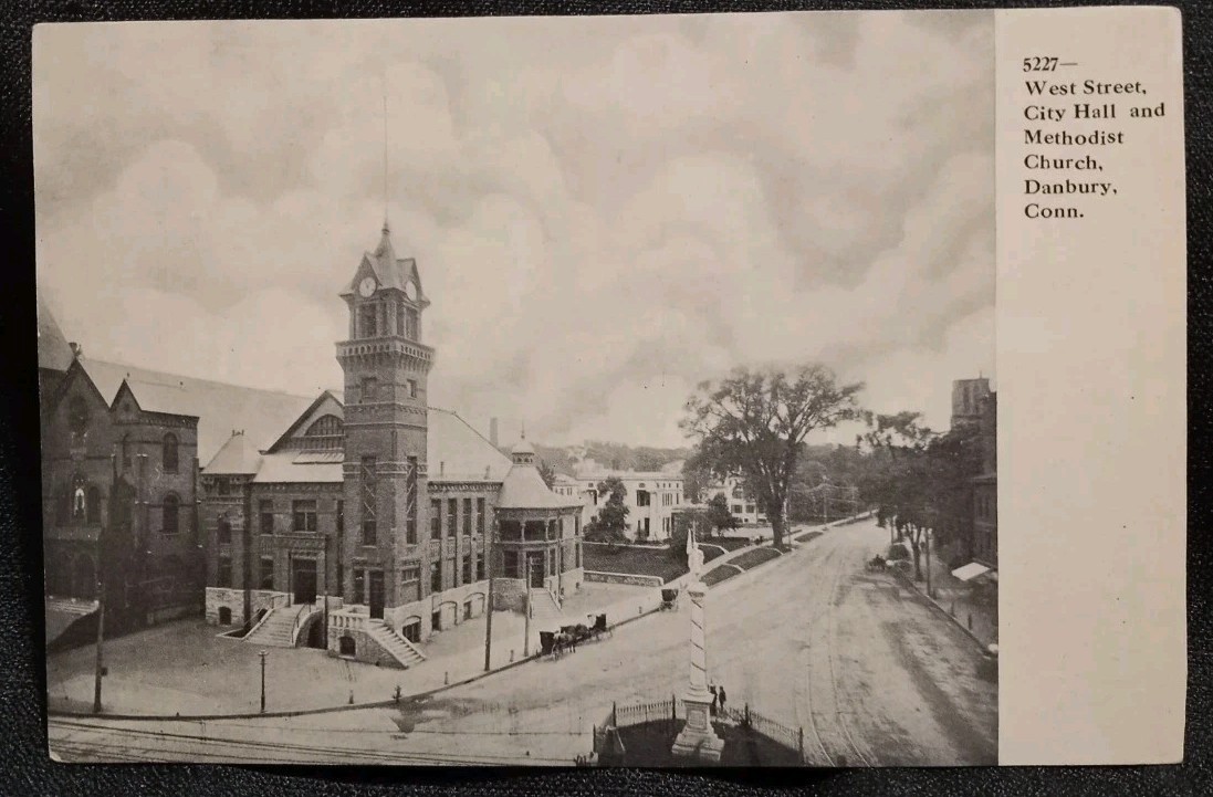 Vintage 1900s West Street City Hall Methodi Church Danbury, Connecticut Postcard