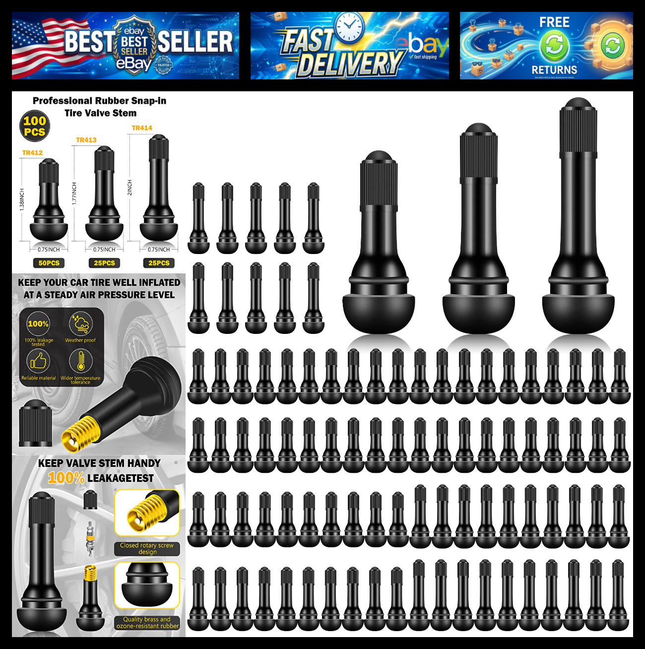 100 Pieces TR412 TR413 TR414 Tire Valve Stems Rubber Black Rubber Snap-in Valves