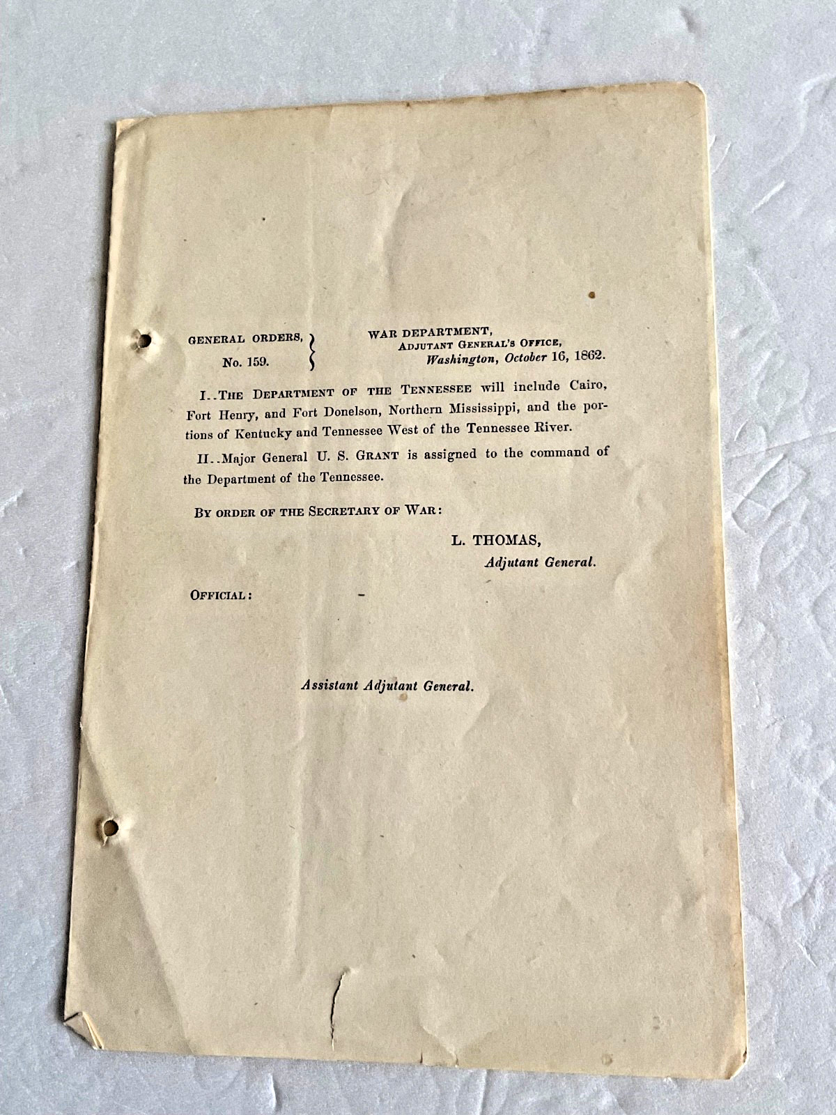 CIVIL WAR GENERAL US GRANT TAKES COMMAND DEPT. OF TENNESSEE 1863 GENERAL ORDER