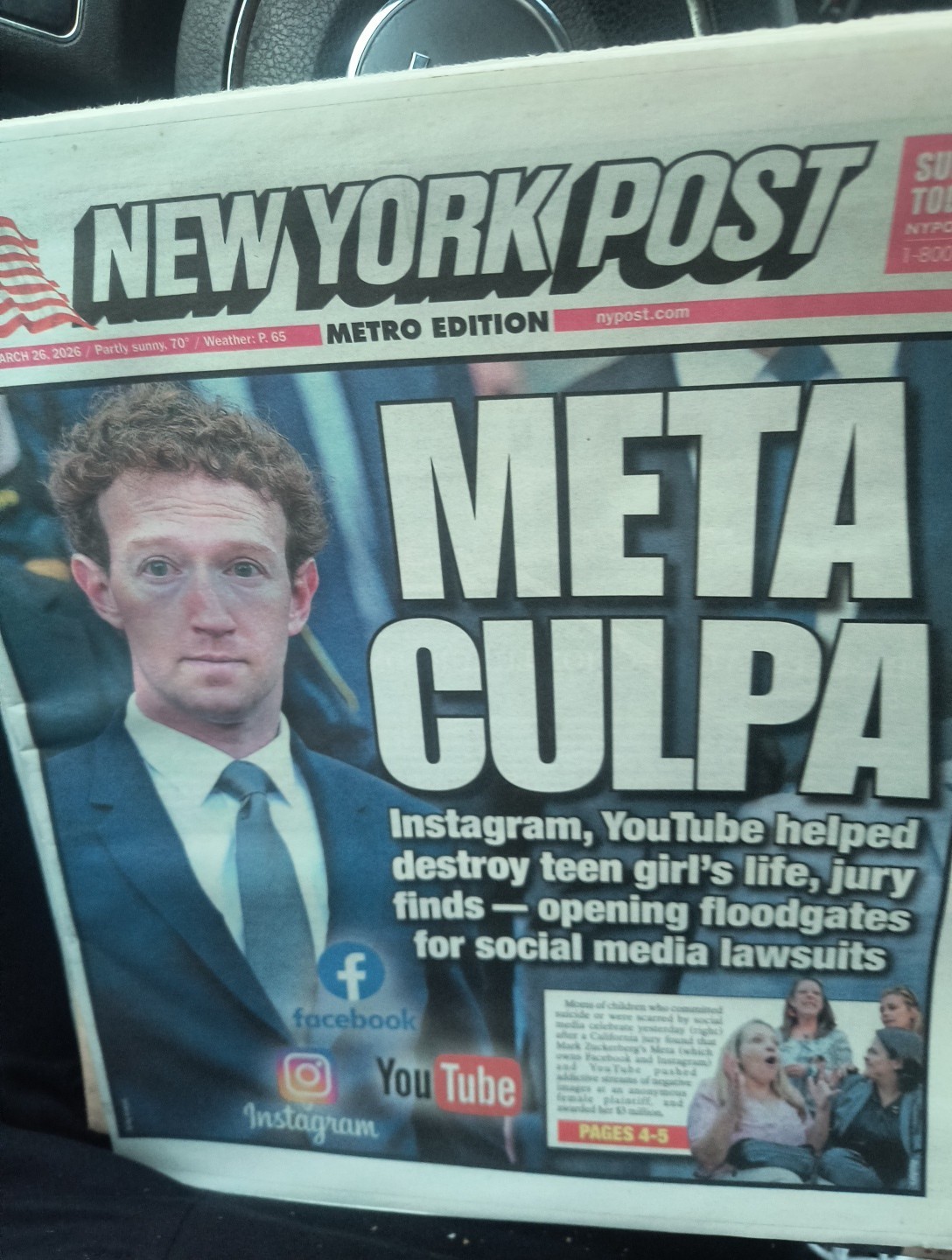 The New York Post Thursday March 26 2026 META CULPA