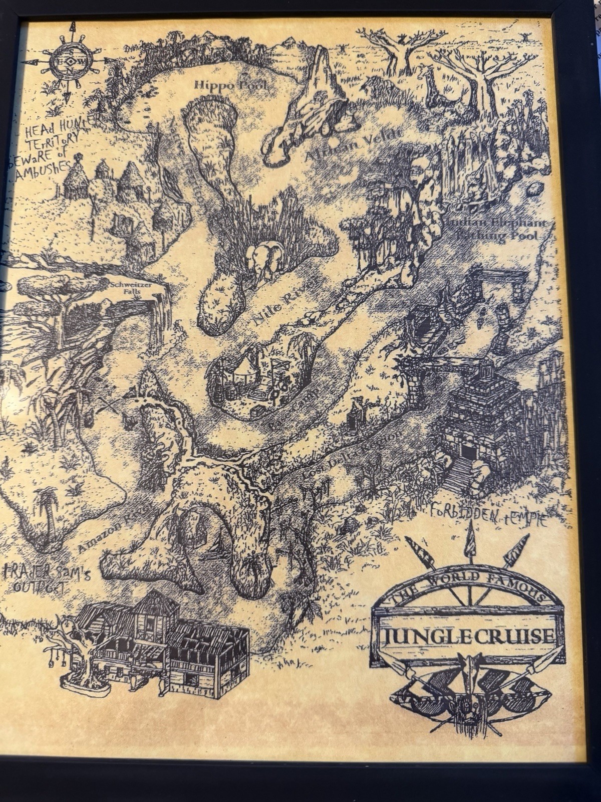Framed Disneyland Park Jungle Cruise Souvenir Map guide 8.5\
