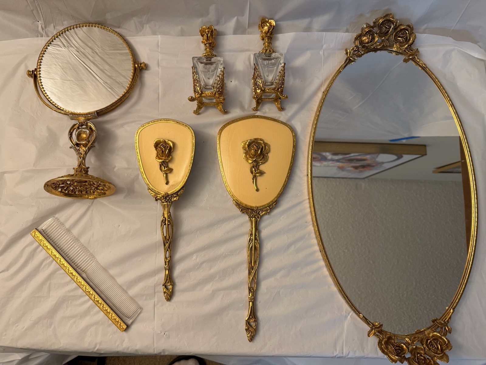 Vintage 7-Pc 24K Gold Plated Ormolu Rose Vanity Set - Hollywood Regency 1950s/60