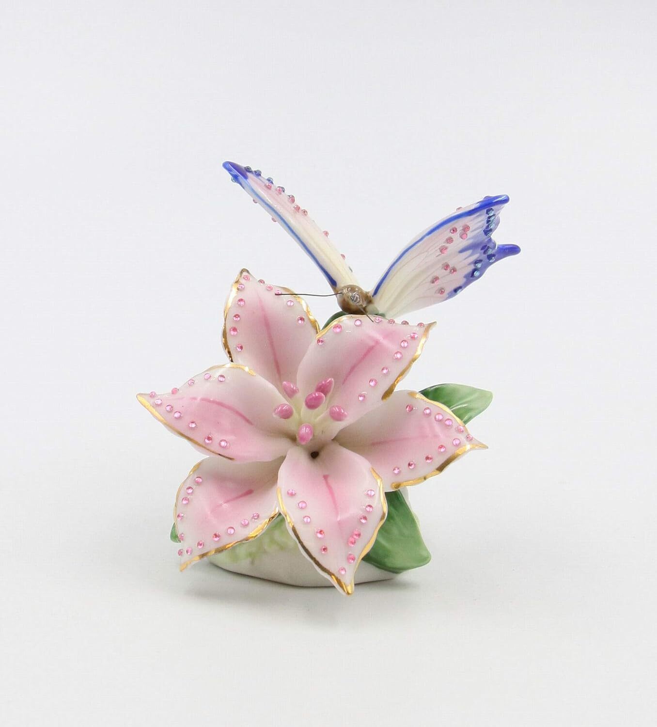 Fine Porcelain Faux Jewel Butterfly with Pink Stargazer Lily Flower Figurine,...