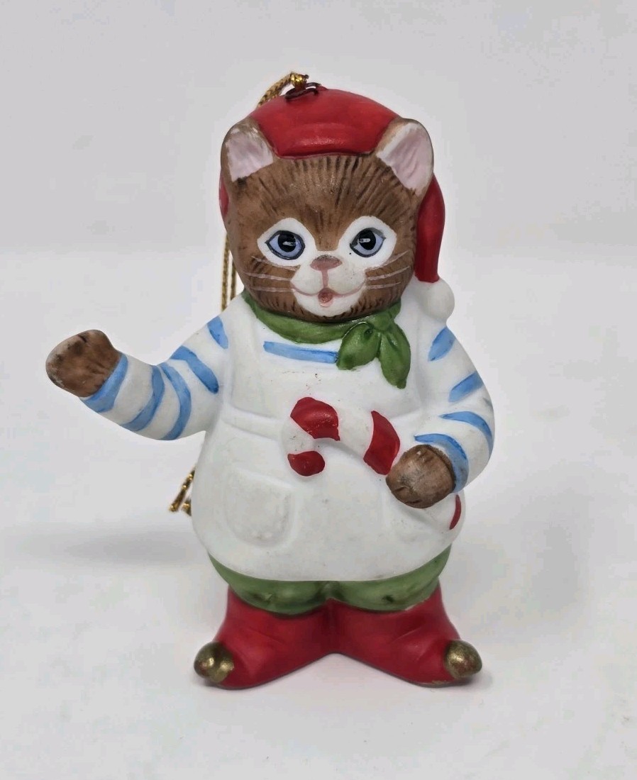 Vintage Schmid Kitty Cucumber Christmas With Candy Cane Ornament 1988