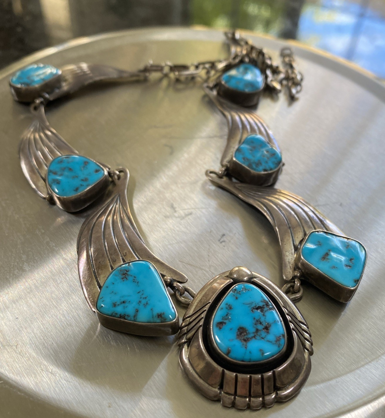 LARGE HEAVY Vintage Navajo Sterling Silver Turquoise Necklace INCREDIBLE
