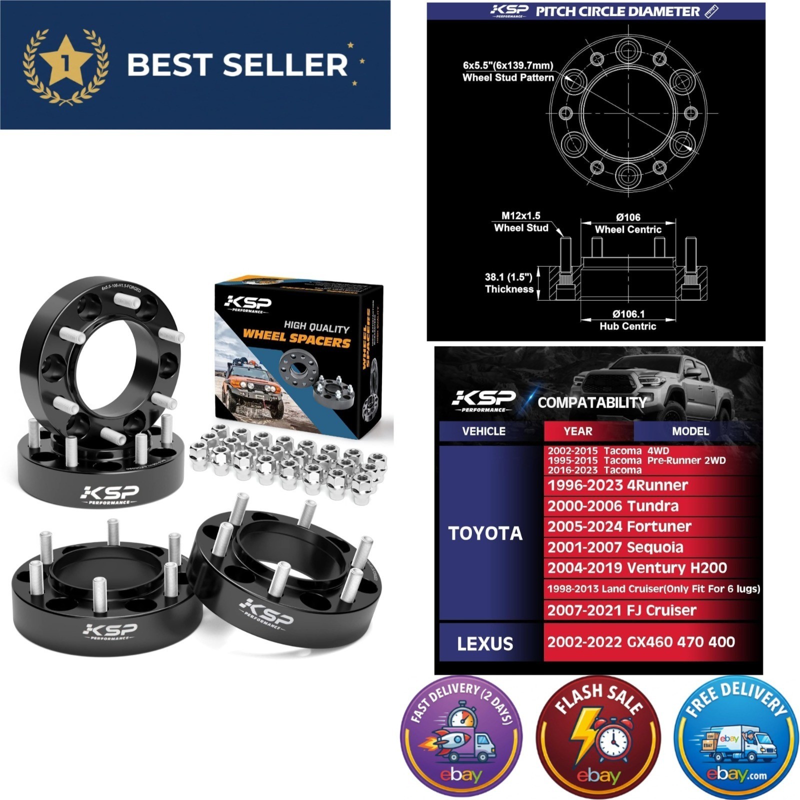 KSP 1.5in Wheel Spacers 6x5.5 Hubcentric Tacoma 4Runner 6-Lug