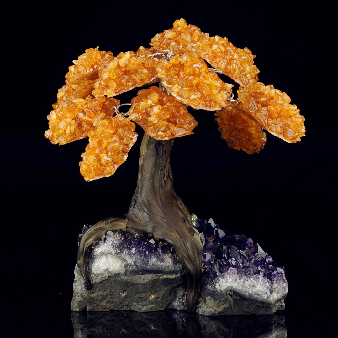 Large Genuine Citrine Gemstone Tree on Amethyst Crystal Base - Spiritual Decor