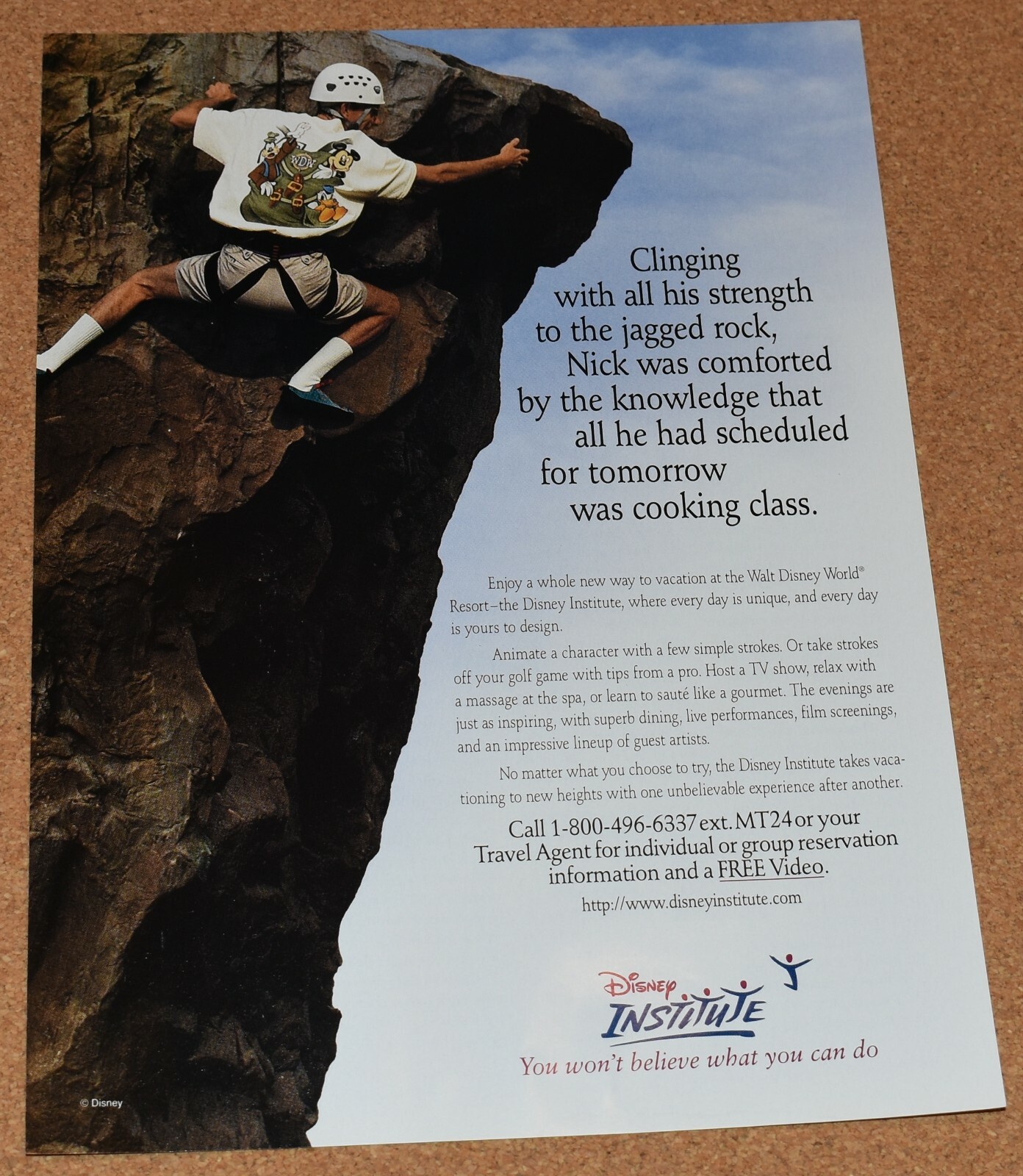 1997 Print Ad Disney Institute Rock Climbing jagged rock Nick man travel helmet