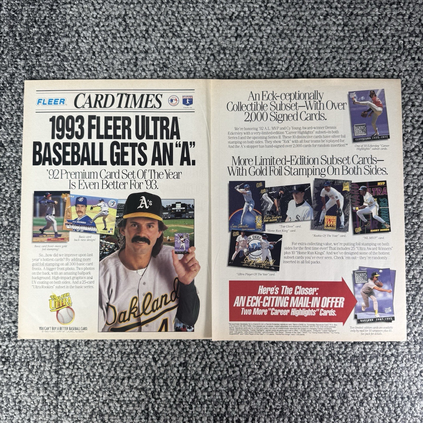 Vintage Fleer Ultra Baseball Print Ad 1993 2 Page Dennis Eckersley Bonds Art