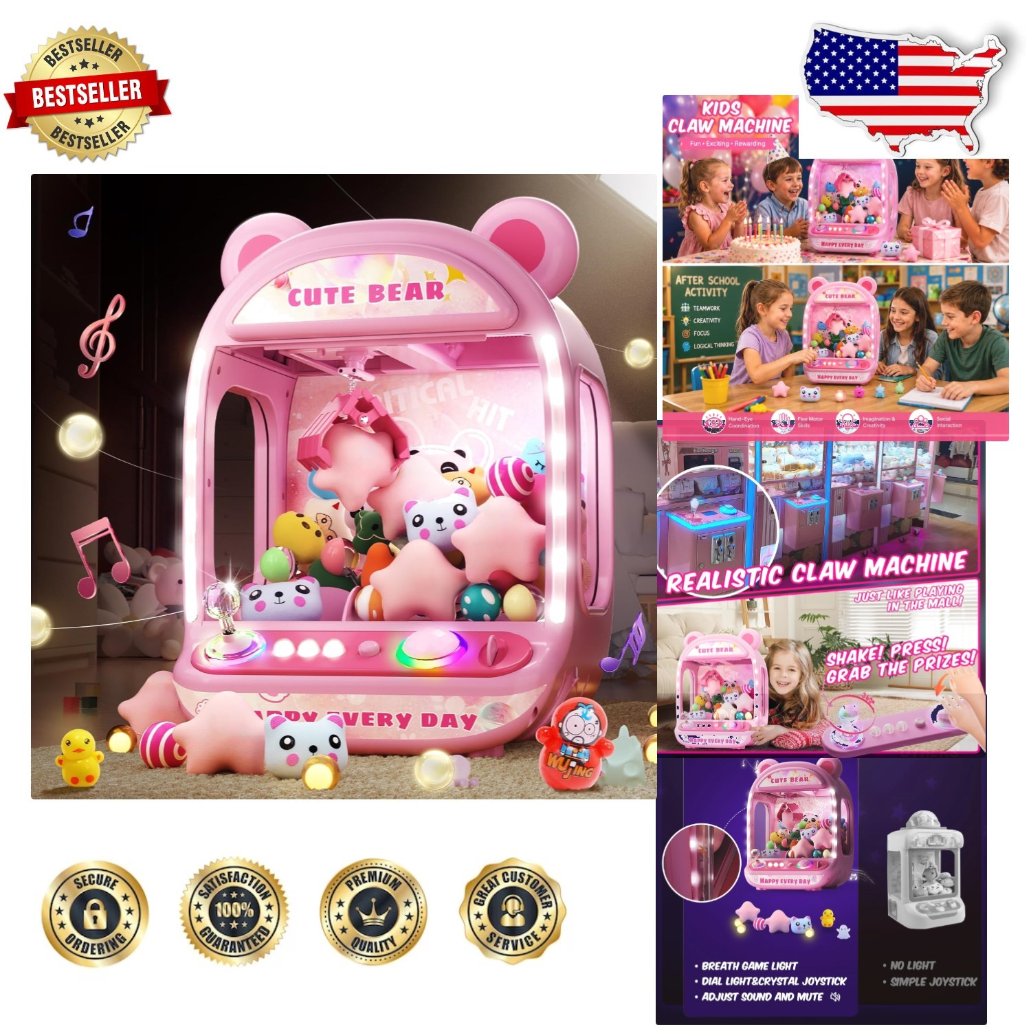 Interactive Claw Machine Toy: Bear, Unicorns, Squishys, Ages 8-12, Carnival Fun