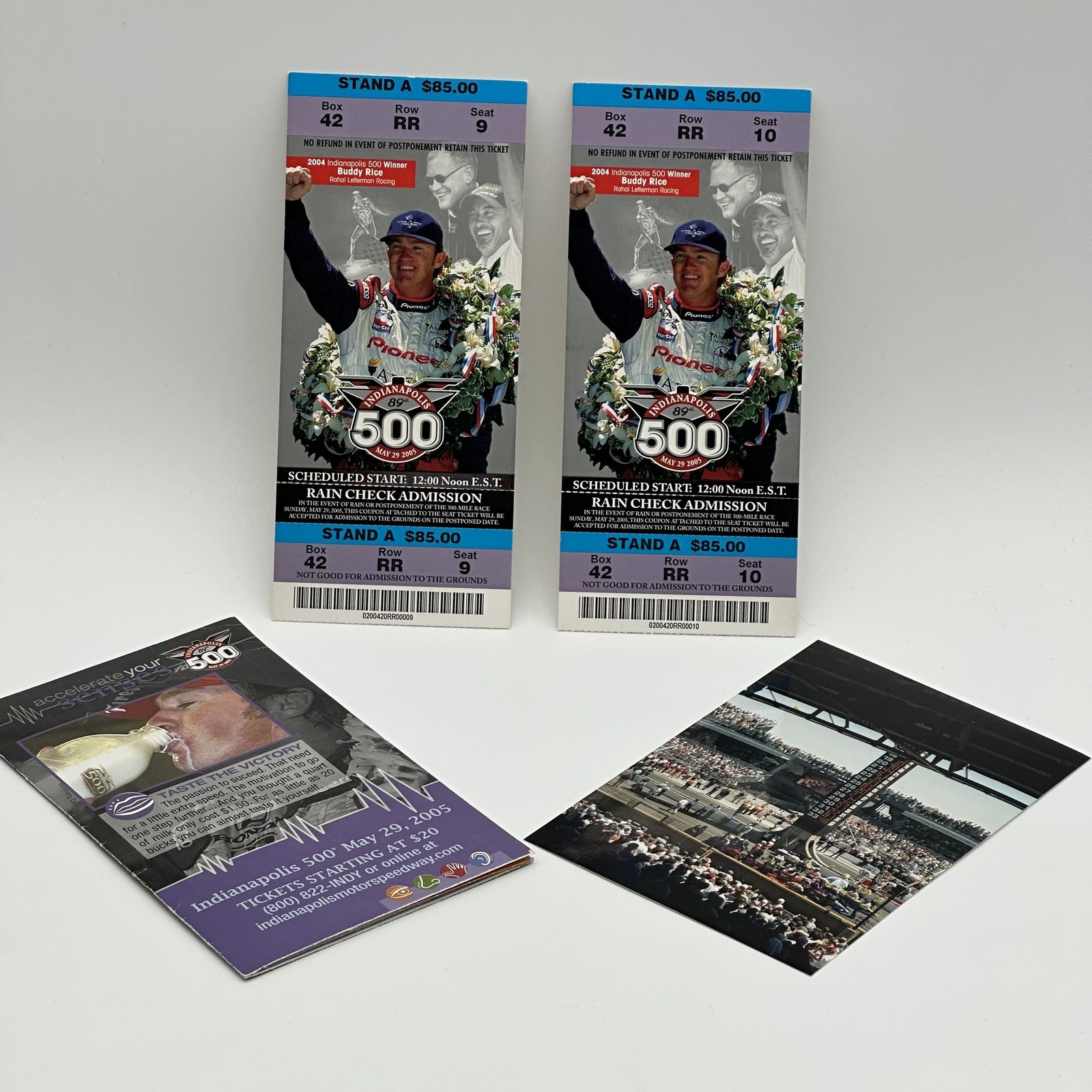 2 INDIANAPOLIS 500 2005 INDY RACING TICKET STUBS SCHEDULE PHOTO RICE NEWGARDEN