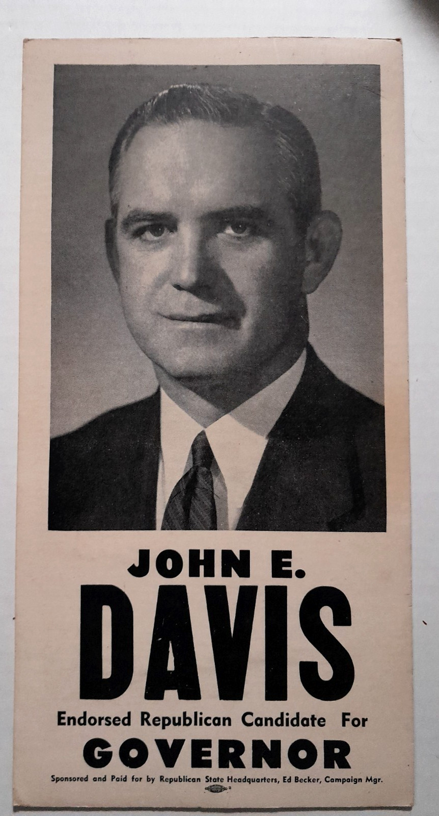 John E. Davis North Dakota State Election Governor Original Campaign Poster 1956