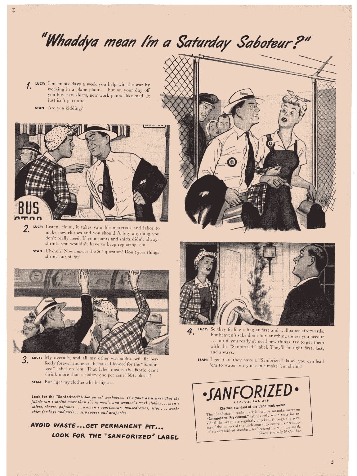 VTG 1943 1940s 40s Sanforized WWII “Saturday Saboteur” Home Front Magazine Ad