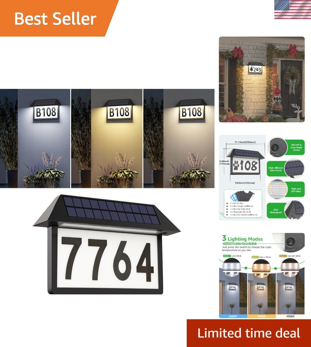 Waterproof Solar Address Plaque with 3 Color LED Modes - Outdoor Home Sign