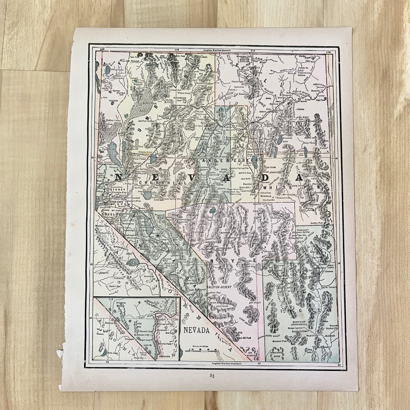 Antique Map of Nevada 1893 Wall Decor Americana Historical Western Ranch Lodge