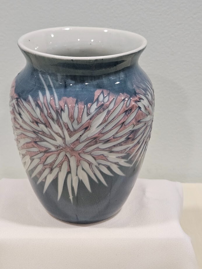Ceramic Vase Textured Carved Etched Starburst Pattern Signed Art Boho Chic