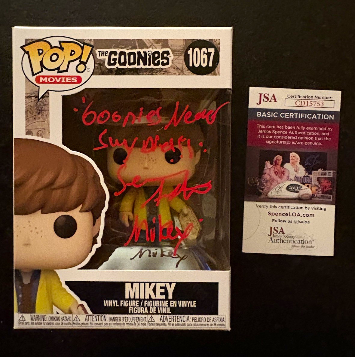 SEAN ASTON SIGNED AUTOGRAPH MIKEY FUNKO POP 1067 GOONIES NEVER SAY DIE JSA COA