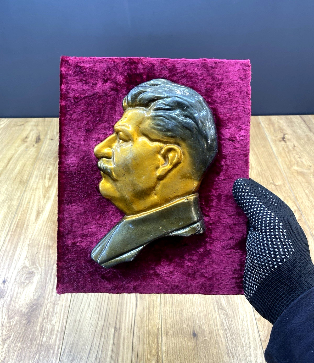Vintage plaque with comunist propaganda USSR.Soviet decor with metal imag Stalin